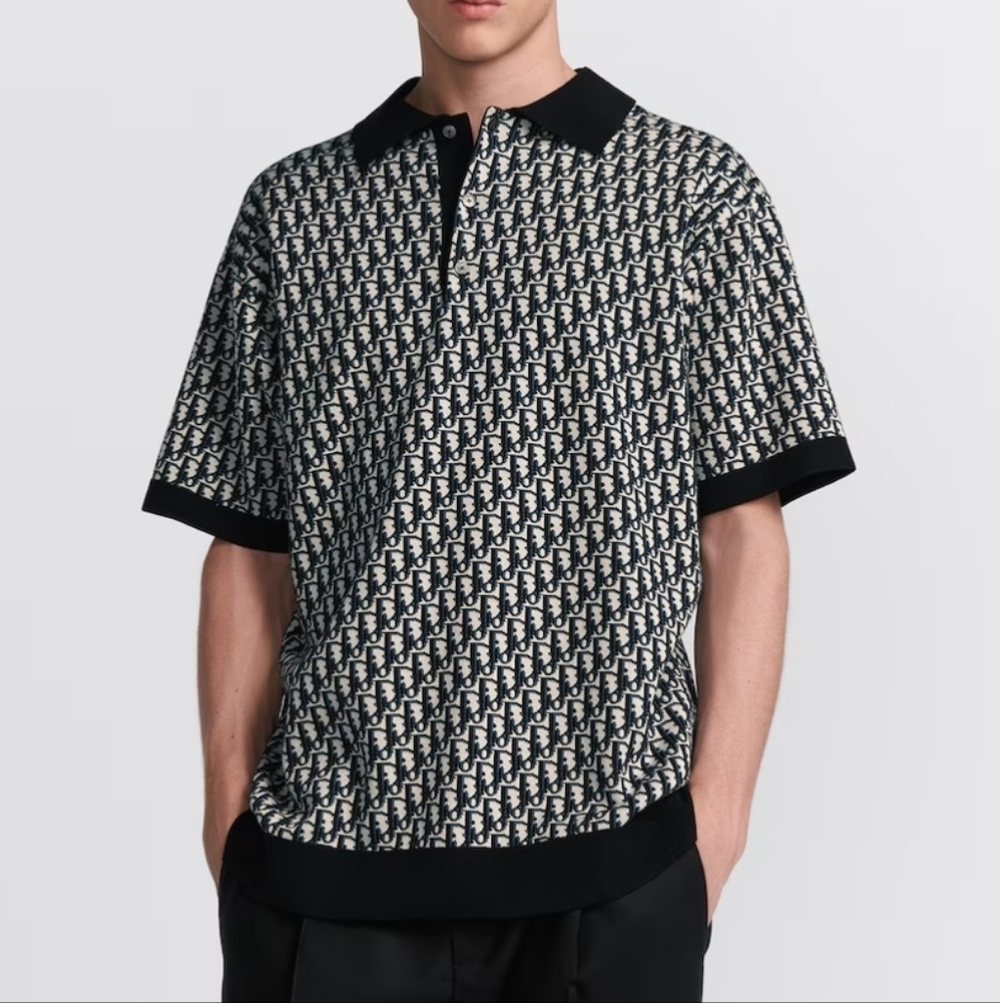Dior Monogram Knit Navy Polo Shirt - Picture 2 of 9